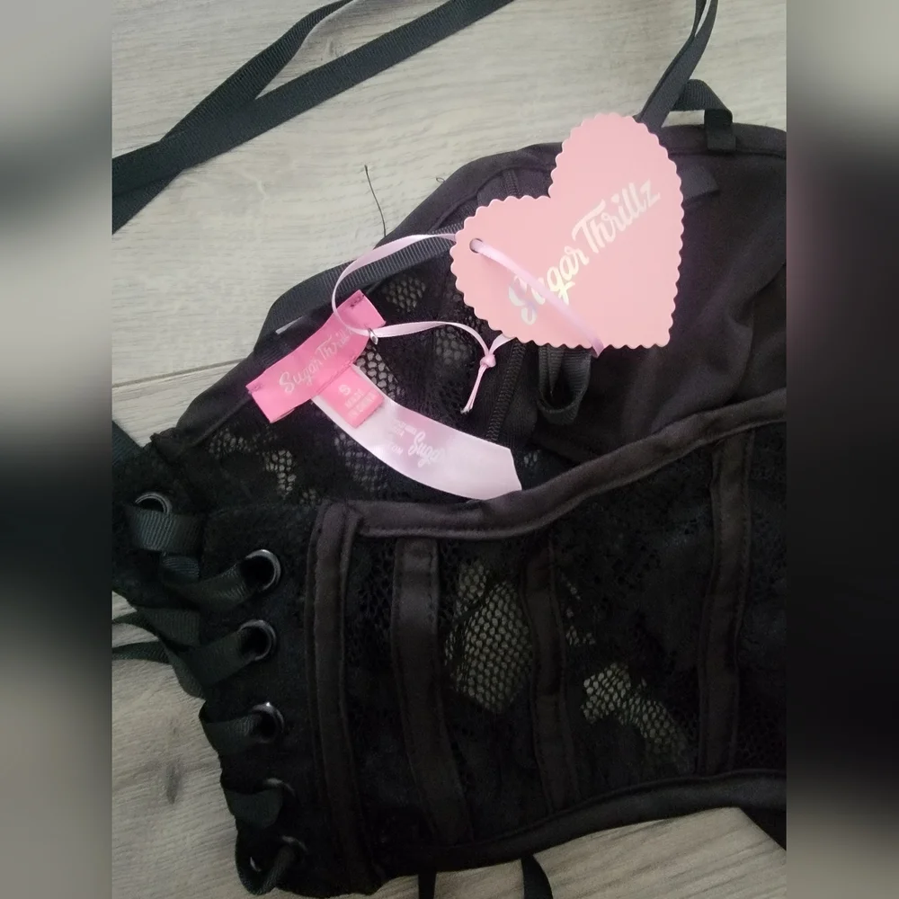 Black Lace Bustier Top with Pink Rose Accent